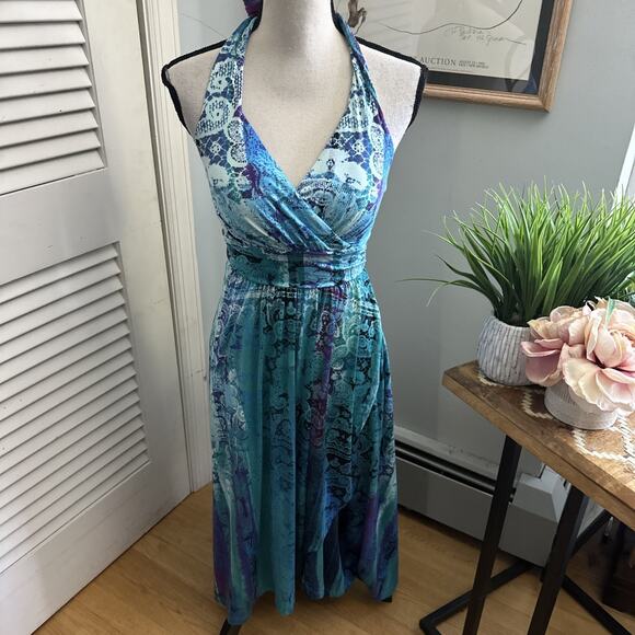SOMA Dress Womens XS Blue Halter Midi Stretch Jersey Tropical Beach Party Travel - Picture 1 of 10